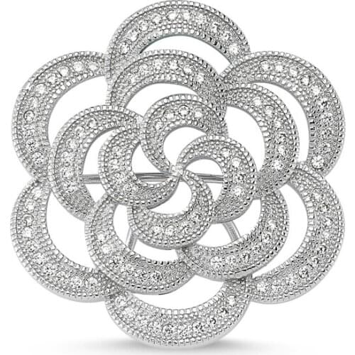 Silverlina Silver Zircon Stone Flower Pattern Brooch