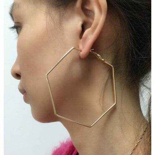 80mm Alloy Big Hexagon Hoop Earrings For Women 2020 Fashion Jewelry Punk Statement Earrings Golden Silver Color UKMOC