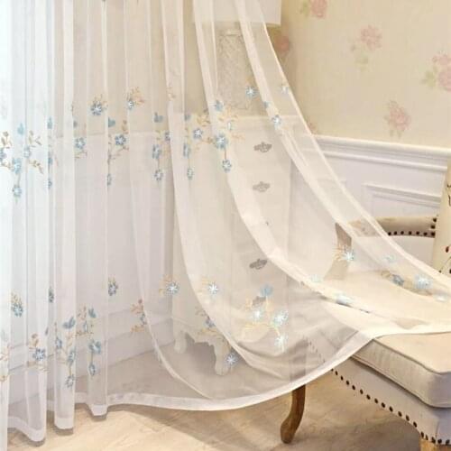 Blue Floral Embroidered Voile Curtain for Living Room Lace Mesh Fabric Elegant Window Treatment Drapes zh051D