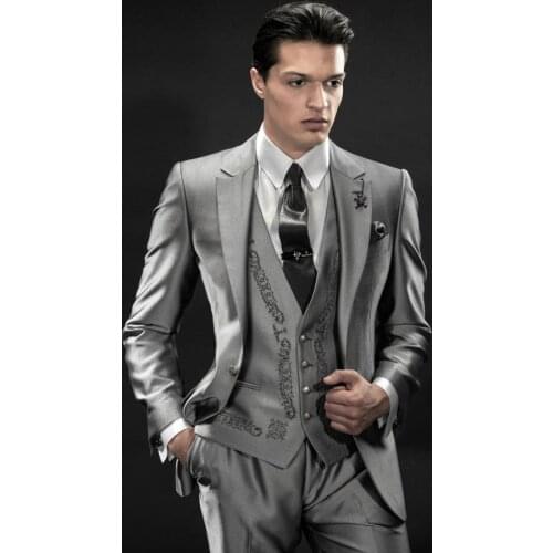 New Style Groom Tuxedo Groomsmen Shiny Silver Gray Wedding/Dinner/Evening Suits Best Man Bridegroom (Jacket+Pants+Tie+Vest) B68
