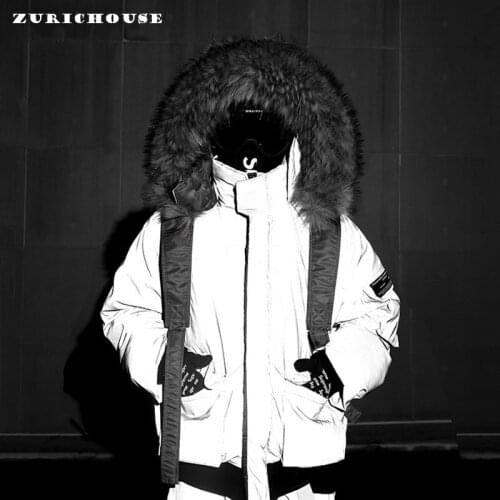 ZURICHOUSE Reflective Winter Jacket Women Fur Collar Hooded Warm Parka 2021 Oversized Couple Series Cotton-padded Jacket Coat