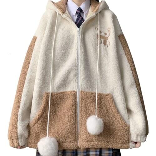 New Product Autumn Winter Japanese Lamb Wool Women Hoodie Scarf Little Bear Harajuku Zipper Sweatshirt Khaki Casual Coat Female