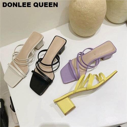 2020 Women Sandals Low Heel Slippers Brand Slides Summer Flip Flops Narrow Band Sandal Elegant Mule Shoes Women Slipper Big Size