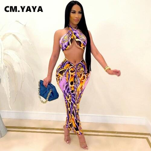 CM.YAYA Women Set Print Sleeveless Halter Crop Tops Draw String Long Skirts Two 2 Piece Sets Sexy Fashion Clubwear Summer Outfit