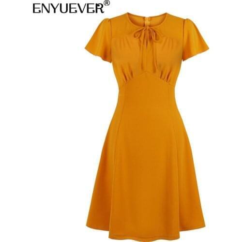 Enyuever Summer Dress Casual Clothes Short Sleeve High Waist Bowknot Neck Elegant Orange Women Party Dress Streetwear