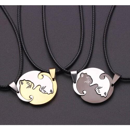 2 Pcs/Set Boho Cat Necklace Women Creative Animal Hug Round Pendant Leather Couple Necklace Fashion Party Valentines Day Gift