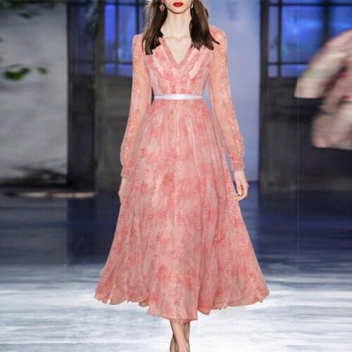 2021 Summer Designer Fashion V-Neck Dress Women Flare Sleeve Flower Printed Mesh Ruffles Elegant Dresses