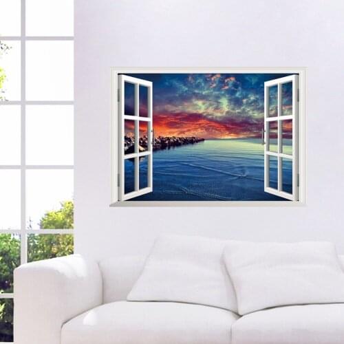 3D Window View Sea Scenery Wall Art Mural Decor Living Room Bedroom Background Wall Applique Poster Home Art Decal Sticker