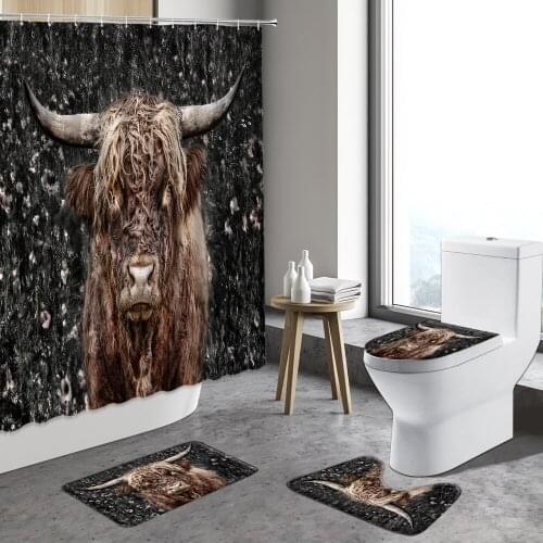 4pcst Animal Highland Cattle Shower Curtains Snow Green Grassland Cow Yak Landscape Anti-Slip Bath Mat Toilet Bathroom Decor Rug