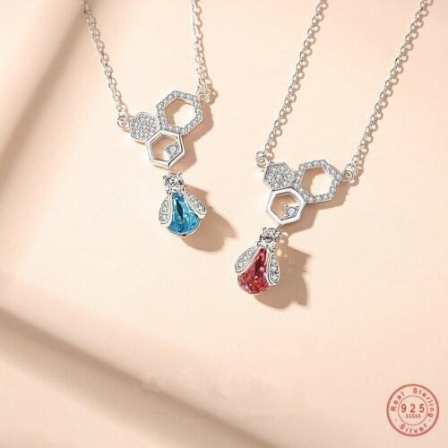 925 Sterling Silver Blue Bee Pavé Crystal Honeycomb Pendant Clavicle Chain Necklace Women Symbol Hardworking Mother Plot Gift