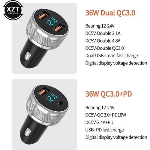 36W Metal Dual USB Car Charger Digital Display Usb C PD Car Charger for Samsung Note 20 Ultra S20 Xiaomi Phone Auto Fast Charger