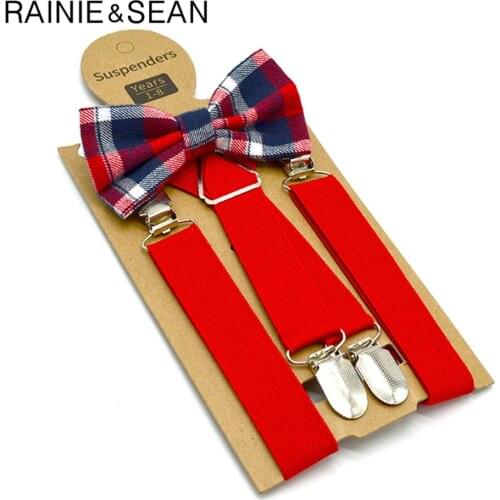 RAINIE SEAN Red Kids Suspenders with Bow Tie Leather Children Braces British Style Wedding Red Gray Solid Boys Suspenders 65cm