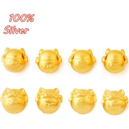 Real 925 Sterling Silver Gold Pig 3D Charm Fashion DIY jewelry Making Findings Necklace Bracelet Beaded Accessories Wholesale