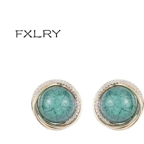 FXLRY High Quality Micro-Inlaid Zircon Round Green Stone Enlish lock Stud Earring for Women For Women Jewelry