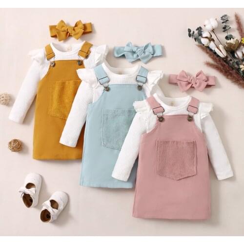 Lioraitiin 1-5Years Toddler Baby Girl 3Pcs Clothing Set Long Sleeve Solid Off Shoulder Shirt Solid Dress Headband Outfit