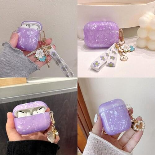 Dreamy Purple TPU Glossy Shell for airpods 1 2 Earphone Case Cover for Apple AirPods Pro 3 Headset Box Pearl Flower Pendant Cute