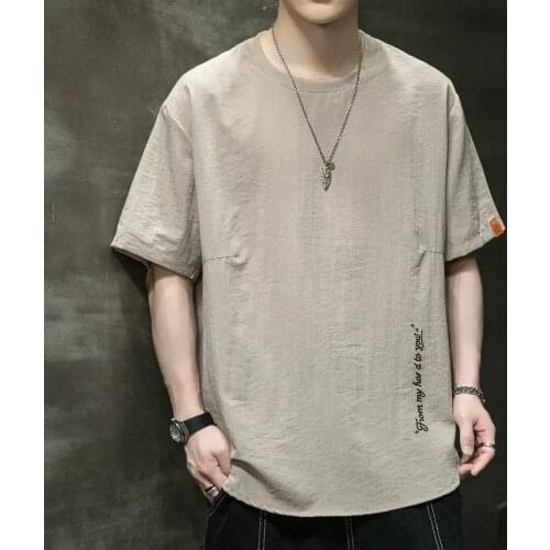 Ice silk summer loose 5 / 4 sleeve embroidery youth short sleeve mens T-shirt trend versatile