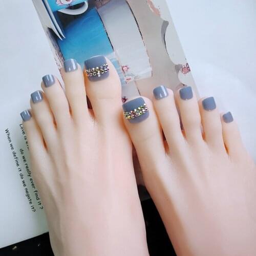24 pcs Cute Toe False Nails Summer Fake Nail with Glue Silver Nail Tips With rhinestone Foot False Nail Press On Toenails