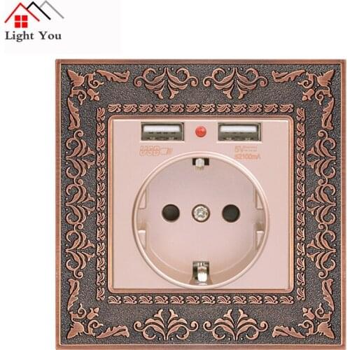 16A Gold EU Standard Power Wall Socket With Dual USB 2.1A Charging Port Embossed Panel Zinc Alloy High-end Retro Panel
