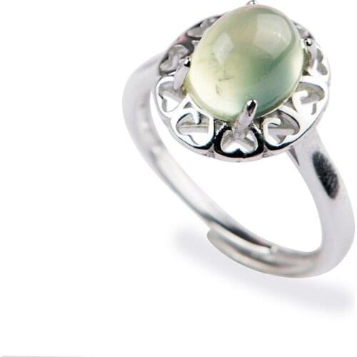 Genuine Green Natural Prehnite Rings For Women Lady Crystal Fine Jewelry Silver Party Ring Adjustable Size