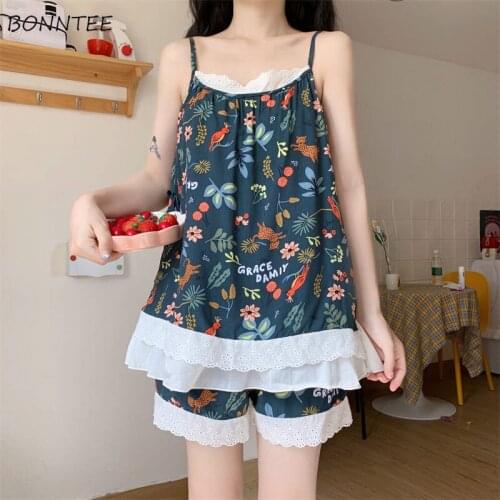 Pajama Sets Women Lovely Korean Students Sleeveless Backless Thin Summer Printed Homewear Large Size Female Sweet Two-piece