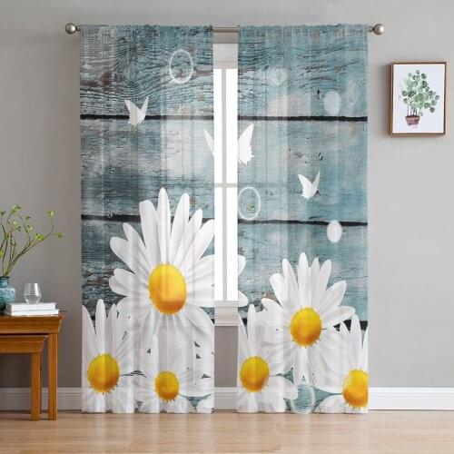 White Daisy Butterfly Wood Grain Sheer Curtains for Living Room Bedroom Kitchen Tulle for Windows Voile Drapes Home Decoration
