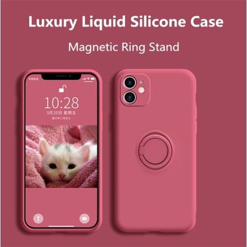 With Ring Silicone Case For iPhone 11 12 Pro Max XR X XS 7 8 Plus 12Mini Luxury Holder Magnetic Soft Liquid Silicone Phone Cover