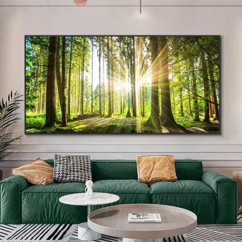 Modern Canvas Paintings Natural Green Tree Forest Sunshine Landscape Posters and Prints Wall Art Picture for Living Room Decor