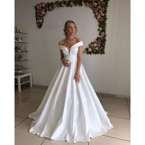2020 Off Shoulder Satin Wedding Dresses for Bride A Line Sweep Train Lace-up Back Wedding Bridal Gowns vestido de noiva