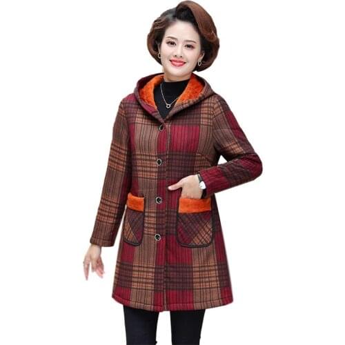 Ladies Velvet Liner Thicken Hooded Parka Middle-aged woman outerwear Autumn Winter Plaid Jacket Women Coat Parkas Female