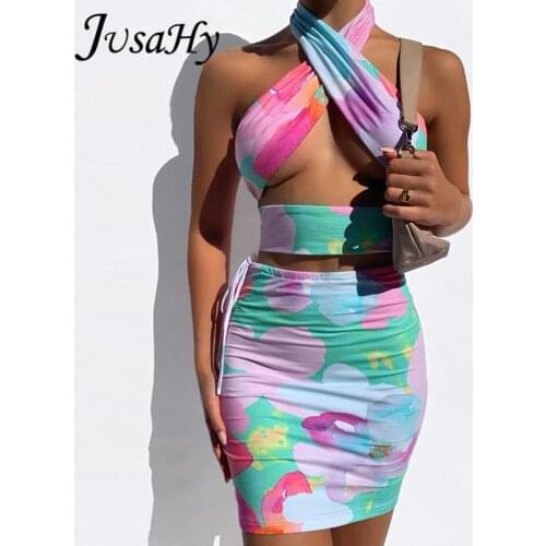 JusaHy Summer Tie Dye Beach Two Piece Set Women Sexy Cross Halter Top+Mini Bandage Skirt Elegant Vacation Holiday Matching Suit