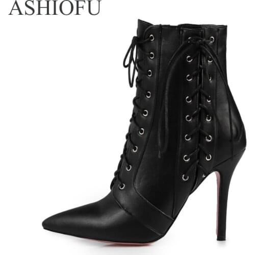 ASHIOFU New Arrival Women High Heel Boots Shoelace Pointed Toe Party Prom Ankle Booties Large Size Fashion Club Boots Shoes