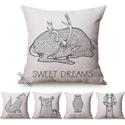 Concise Animals Sketch Pattern Pillow Case Deer Bear Fox Owl Office Sofa Decoration Cotton Linen Square Cushions Cover Almofadas