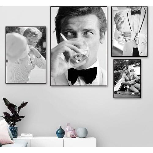 Black and White Famous Actor Roger Moore Poster Print Figure Painting Modern Wall Pictures for Living Rome Home Decor No Frame