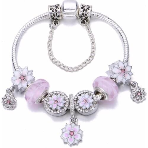 European Style Vintage plated Crystal Peach Blossom Series Charm Bracelet Women fit Original DIY Brand Bracelet Jewelry