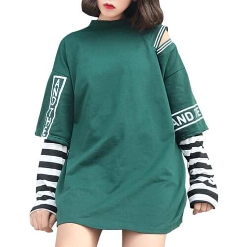 Punk Fake 2 Pieces Striped Long Sleeve T Shirts Women One Off Shoulder Loose Gothic Tee Top Letter Printed Street Fashion TShirt