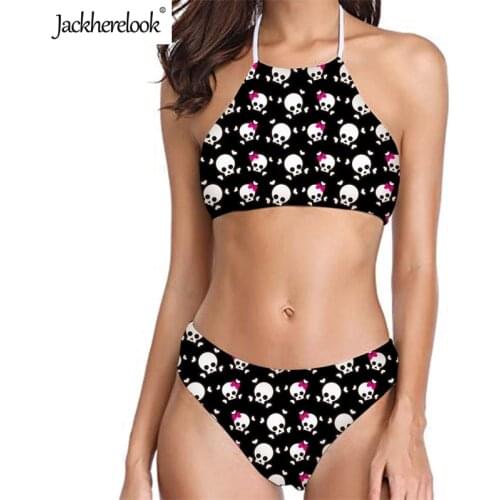 Jackherelook Sexy Women Bandage Halter Swimsuit Female Skull Printed Beach Push Up Padded Swimwear Summer Bathing Suit Lady