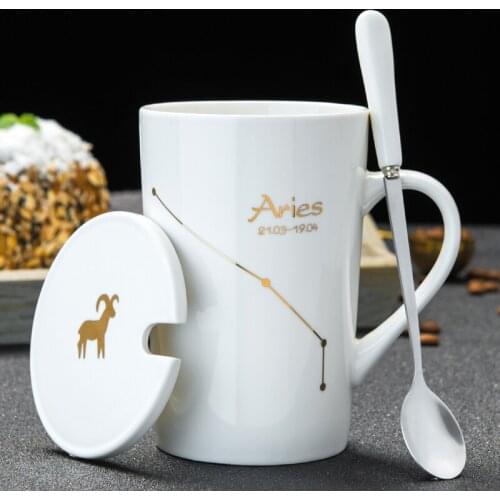 Ceramic Mugs 12 Constellations Creative Mugs with Spoon Lid Green and Gold Porcelain Zodiac Milk Coffee Cup Drinkware