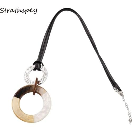 STRATHSPEY Classic Double Circle Acrylic Pendant Women Hoop Infinity PU Leather Black Chain Mujer Necklace Accessories Long Gift