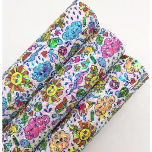 LEOsyntheticoDIY Summer Glitter Suns Cloud Printed Chunky Glitter Faux Vinyl Fabric Sheets Felt Backing Vinil DIY A4 SIZE R096