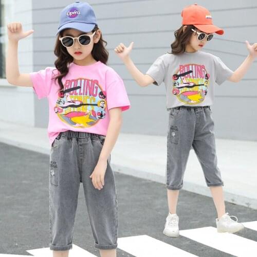 Summer Children Shorts Jeans Suits for 8 10 12 years Girl Clothes T shirt Cartoon Casual Two-Piece Set Children Outfit