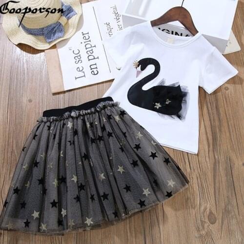 Gooporson Summer Kids Clothes Swan Embroidery APPLIQUE Shirt&star Mesh Skirt Cute Little Girls Clothing Set Children Outfits