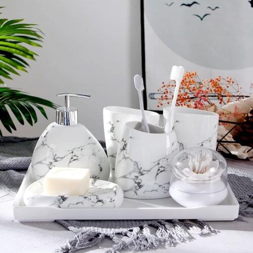 Wedding Gift Nordic Marble Texture Ceramic Bathroom Accessories 7pcs Set/Soap Dispenser/Toothbrush Holder/Melamine Tray