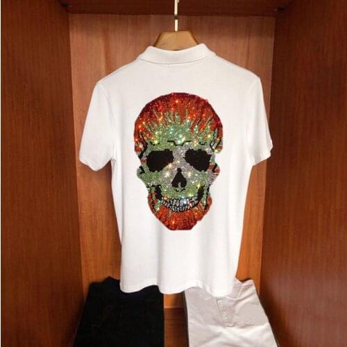 New Style Mens Polo Shirt Anti-Wrinkle Fashion Slim Thin Short Sleeve Animal Hot Rhinestone Pattern Young Design