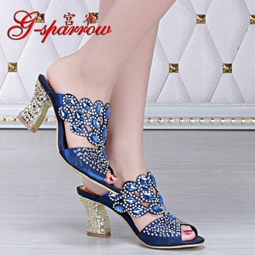 G-sparrow 2019 New Womens Summer Rhinestone High Heel Roman Slippers Women Peep Toe Platform Wedge Shoes