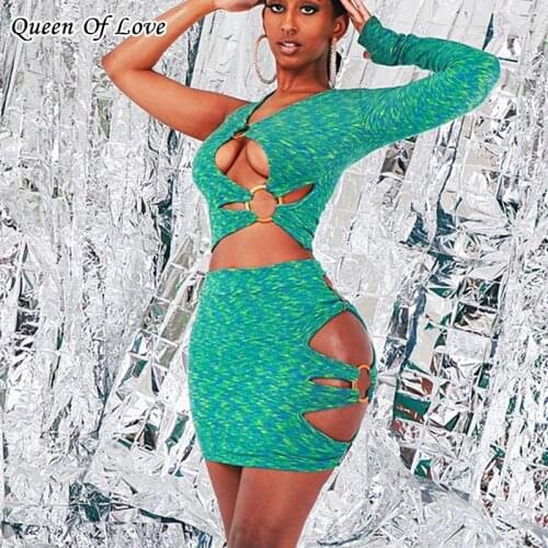 2021 New Spring Summer Fashion Sexy Bodycon Hollow Cut Out Green Mini Dress Women One Sleeve Club Party Dresses Fake Outfits