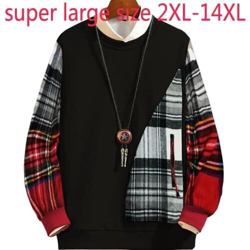 New Arrival Fashion Autumn Winter Large Extra Splicing Loose O-neck Plaid Thick Hoodie Men Plus Size 2XL-7XL 8XL 9XL 10XL 12XL