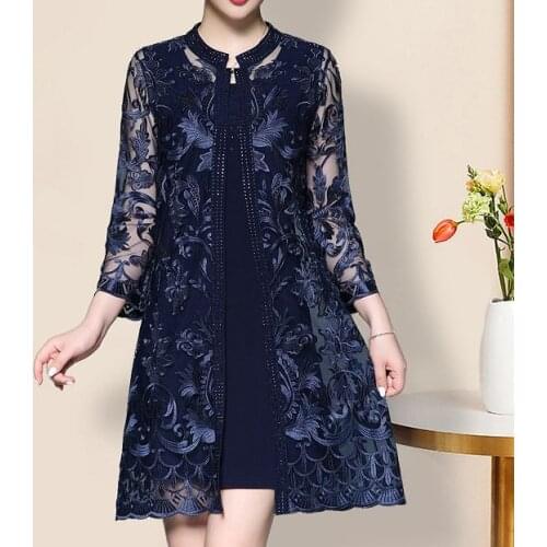 Two-piece Mother Of The Bride Dresses With Jacket Lace Embroidery Bule Red Wedding Evening Formal Party Mother Gowns Knee Lenght