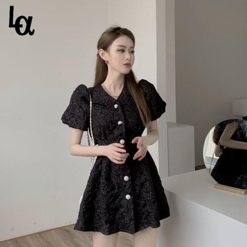 Luck A Puff Sleeve Button Dress Mini Backless V-Neck Summer Party White Elegant Pink Korean Robe Femme Ete 2021 Vestidos Curto