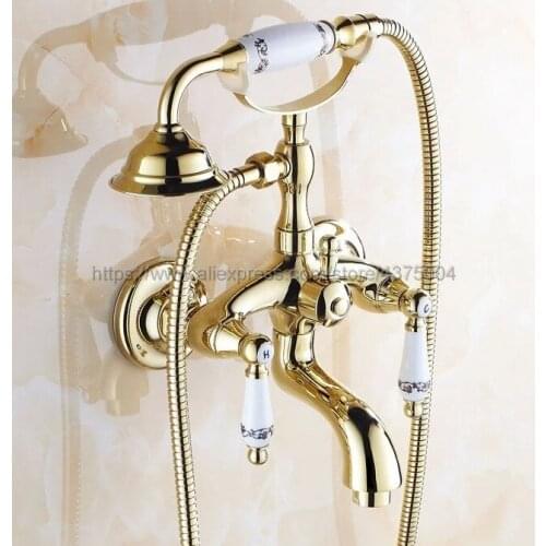 Polished Gold Wall Mount Bathtub Faucet Dual Handles Swivel Spout Mixer Tap with Hand Sprayer Ntf079